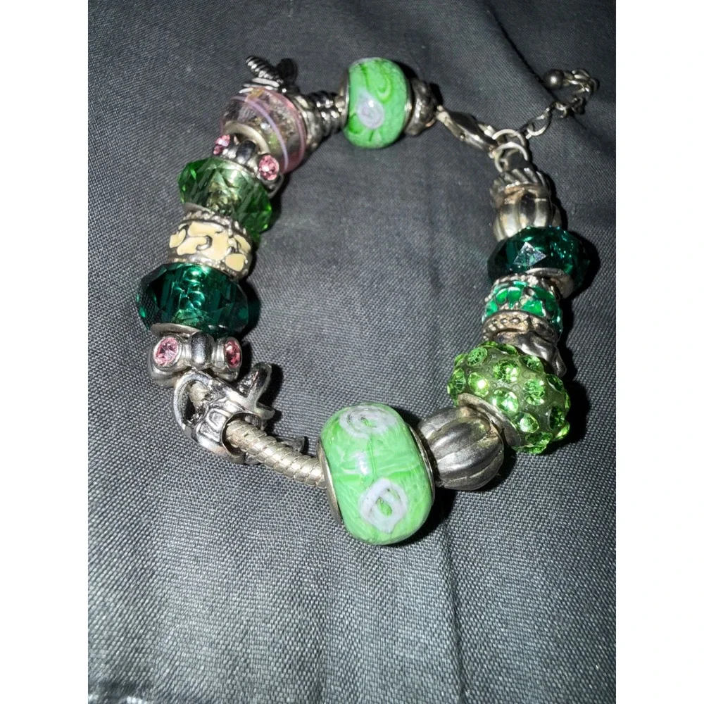 Green Pink Murano Glass Bead Charm Bracelet Silver Tone Bee European Style